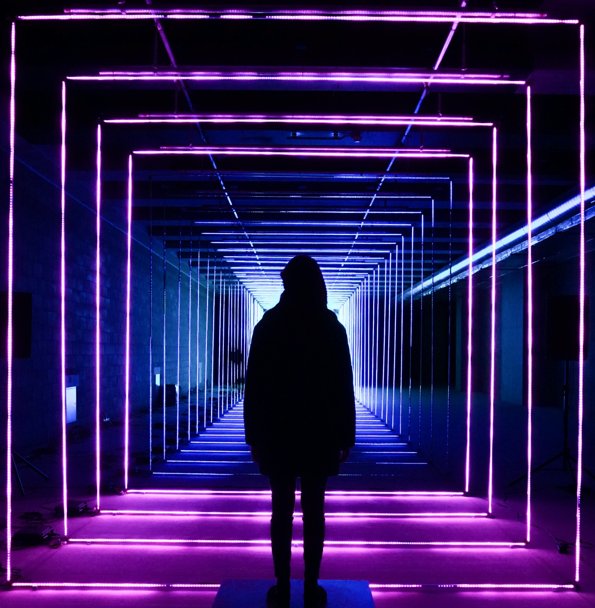 Silhouette standing in a neon corridor