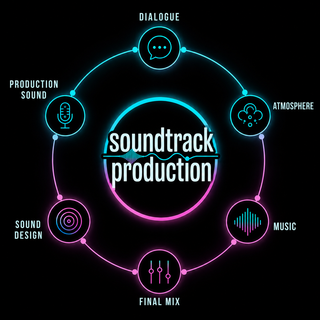 The six elements of Soundtrack Production: Dialogue, Production Sound, Atmosphere, Sound Design, Music, and Final Mix arranged around the Soundtrack Production logo.